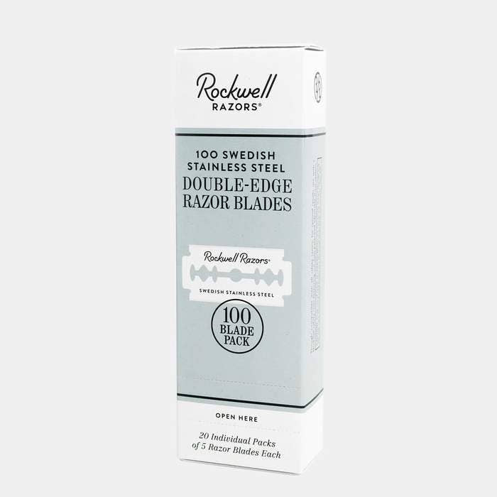 The 100 Rockwell Blade Pack by Rockwell Razors includes 20 packs of 5 double-edge blades each, crafted from Swedish stainless steel.