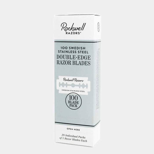 The 100 Rockwell Blade Pack by Rockwell Razors features 100 premium Swedish stainless steel double-edge blades in 20 packs of five for lasting sharpness and smooth shaving.