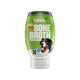 A green Furvor "Bone Broth For Dogs - Mobility Support" squeeze bottle features a dog illustration and text highlighting joint, muscle, and mobility support benefits with added glucosamine.