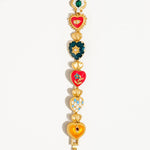 Elysian Baroque Heart Color Bracelet by Flanerie by MAIQ, a matte 18K gold-plated bracelet featuring a series of colorful enameled Baroque heart charms.