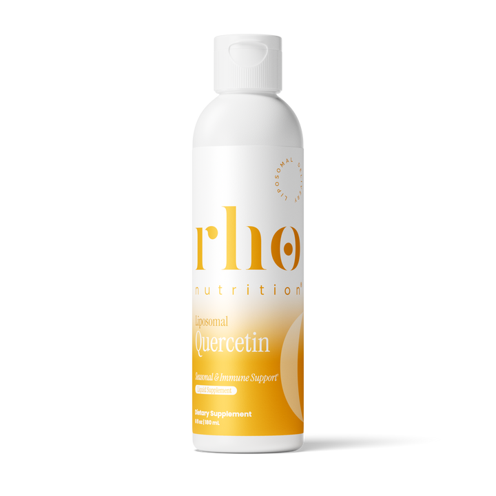 A 480 mL white bottle of Rho Nutrition Liposomal Quercetin dietary supplement, featuring a gold and white design on a plain background. This formula uses Quercetin from Sophora japonica and is enhanced with Non-GMO Sunflower Lecithin to support seasonal wellness and immune health with optimal absorption.
