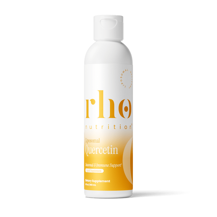 A 480 mL white bottle of Rho Nutrition Liposomal Quercetin dietary supplement, featuring a gold and white design on a plain background. This formula uses Quercetin from Sophora japonica and is enhanced with Non-GMO Sunflower Lecithin to support seasonal wellness and immune health with optimal absorption.
