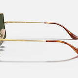 Side view of Ray-Ban 1971 Square sunglasses featuring green lenses, oversize square polished Arista gold metal frames, and brown tortoiseshell temple tips, displayed on a light gray background.