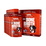 A box with six Bone Broth Single Packs by Furvor, featuring a dog image and labeled to support joints, skin, digestion, and overall nutrition for dogs.