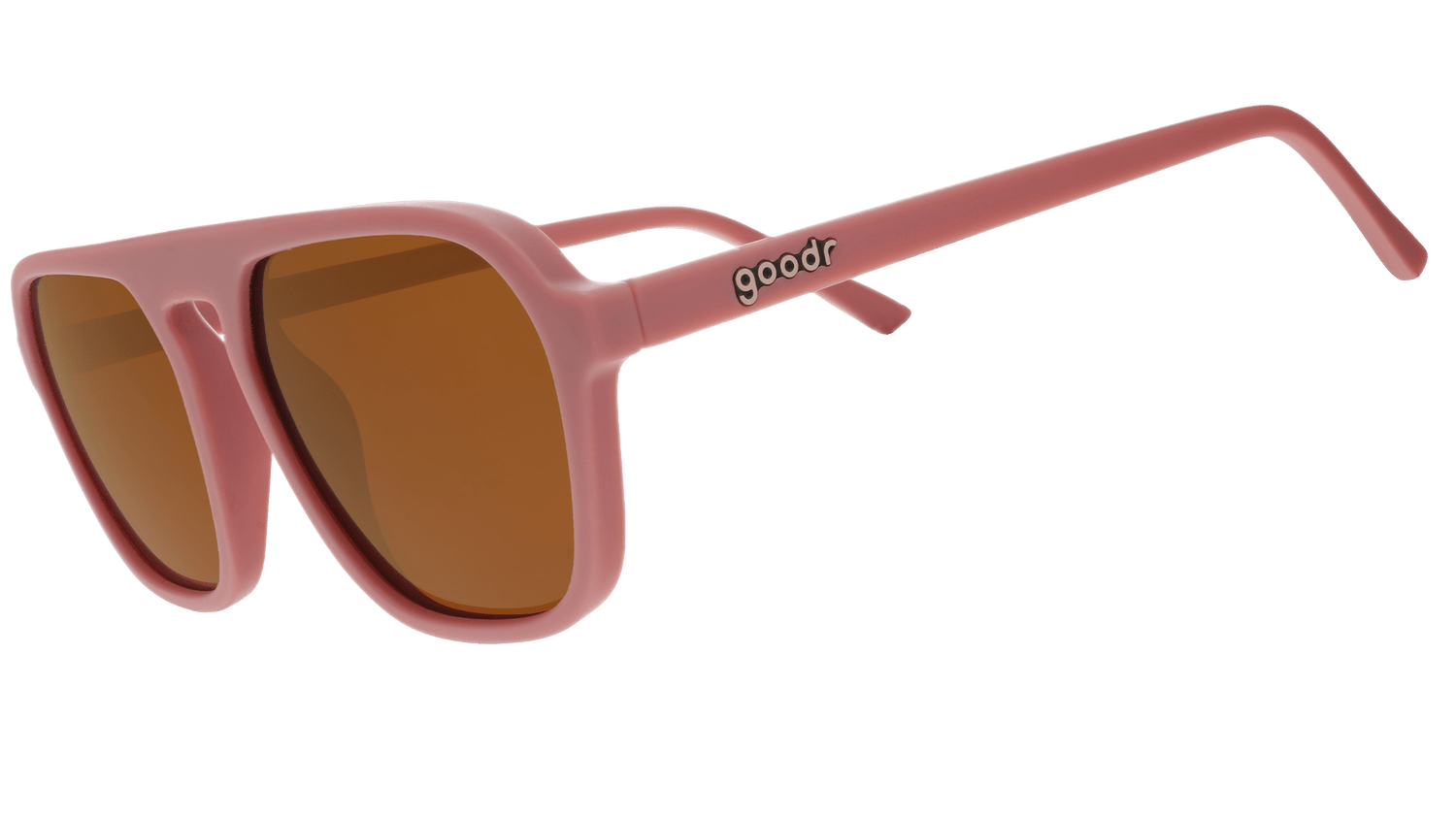A pair of Goodr “Threaten me with a Good Time” sunglasses featuring pink frames and brown lenses, with the brand name printed on the arm.