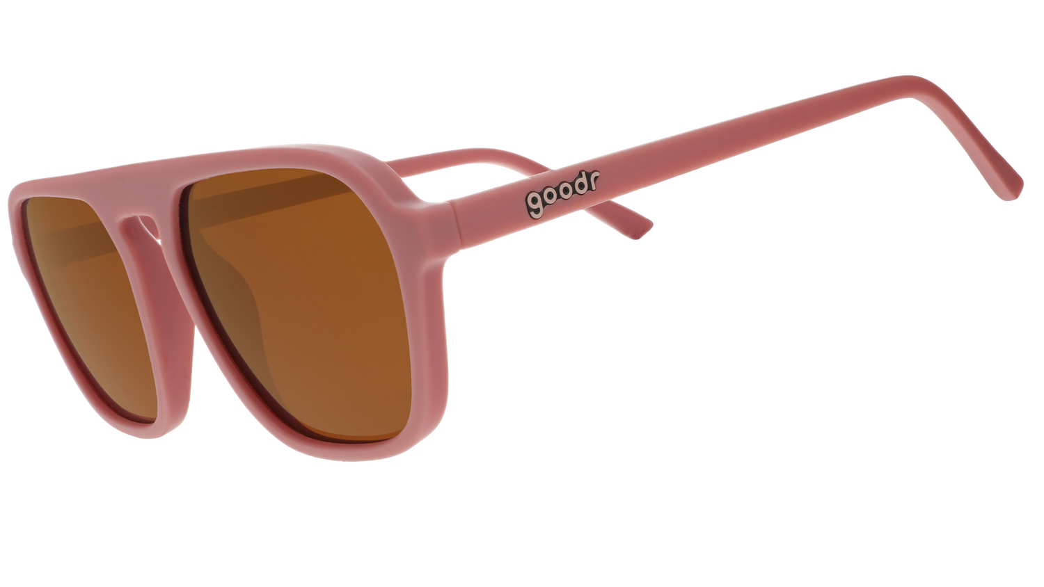 A pair of Goodr “Threaten me with a Good Time” sunglasses featuring pink frames and brown lenses, with the brand name printed on the arm.