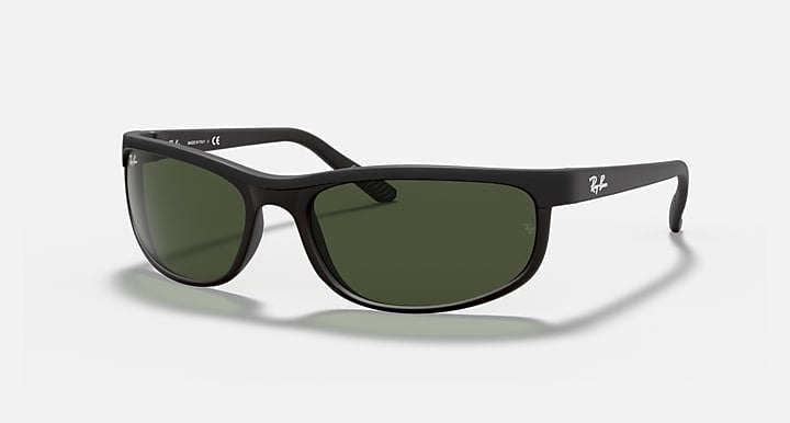 The Ray-Ban 2027 Predator 2 sunglasses feature a black rectangular frame, dark lenses, and Predator temple tips with the Ray-Ban logo on the temples for a sporty style.