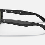 Black Ray-Ban 2132 New Wayfarer sunglasses shown from the side against a plain background, featuring G-15 green lenses, the Ray-Ban logo on the arm, and inner temple details.