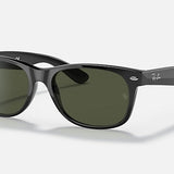 Ray-Ban 2132 New Wayfarer sunglasses in black with signature G-15 green lenses and silver accents, shown on a plain white background.
