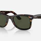 A Ray-Ban 2140 Wayfarer pair with tortoiseshell frames and dark green lenses is shown on a white background.
