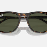 The Ray-Ban 2210 sunglasses, featuring a classic Havana frame and green lenses, are displayed on a plain light grey background.