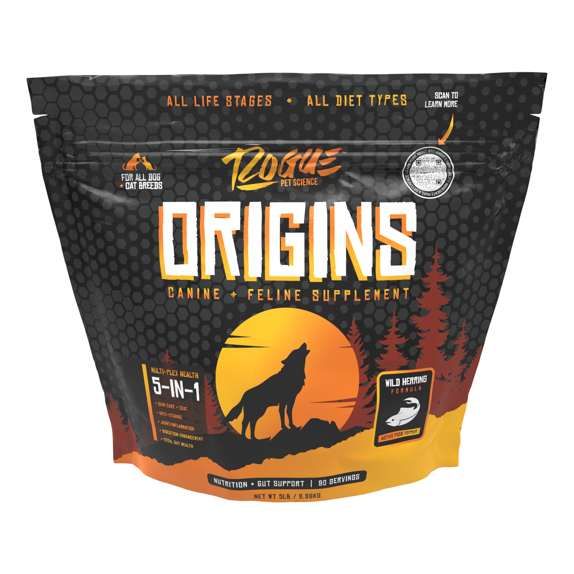 A bag of Origins Canine Supplement by Rogue Pet Feed with a wolf silhouette, product details, and promoting its high-protein dog formula featuring omega-3 and gut health complex on the front.