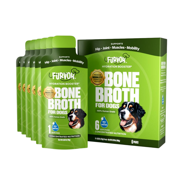 Six Furvor Bone Broth Single Packs and one box, labeled as a hydration booster supporting hips, joints, muscles, mobility, and overall dog nutrition.