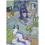 A skeleton with long hair lounges in a bathtub with a drink as a dog stands nearby in a vibrant bathroom filled with plants—Moonlight 1,000 Piece Puzzle by Birdie Puzzles, made in the USA from recycled materials.