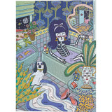 A skeleton with long hair lounges in a bathtub with a drink as a dog stands nearby in a vibrant bathroom filled with plants—Moonlight 1,000 Piece Puzzle by Birdie Puzzles, made in the USA from recycled materials.