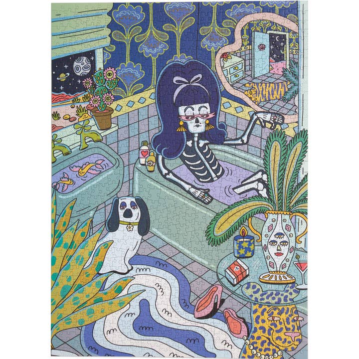 A skeleton with long hair lounges in a bathtub with a drink as a dog stands nearby in a vibrant bathroom filled with plants—Moonlight 1,000 Piece Puzzle by Birdie Puzzles, made in the USA from recycled materials.
