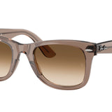 RB4330 Wayfarer sunglasses by Ray-Ban, featuring a translucent brown square frame with clear gradient brown lenses and the Ray-Ban logo on the upper corners of both lenses and temples, displayed against a white background.