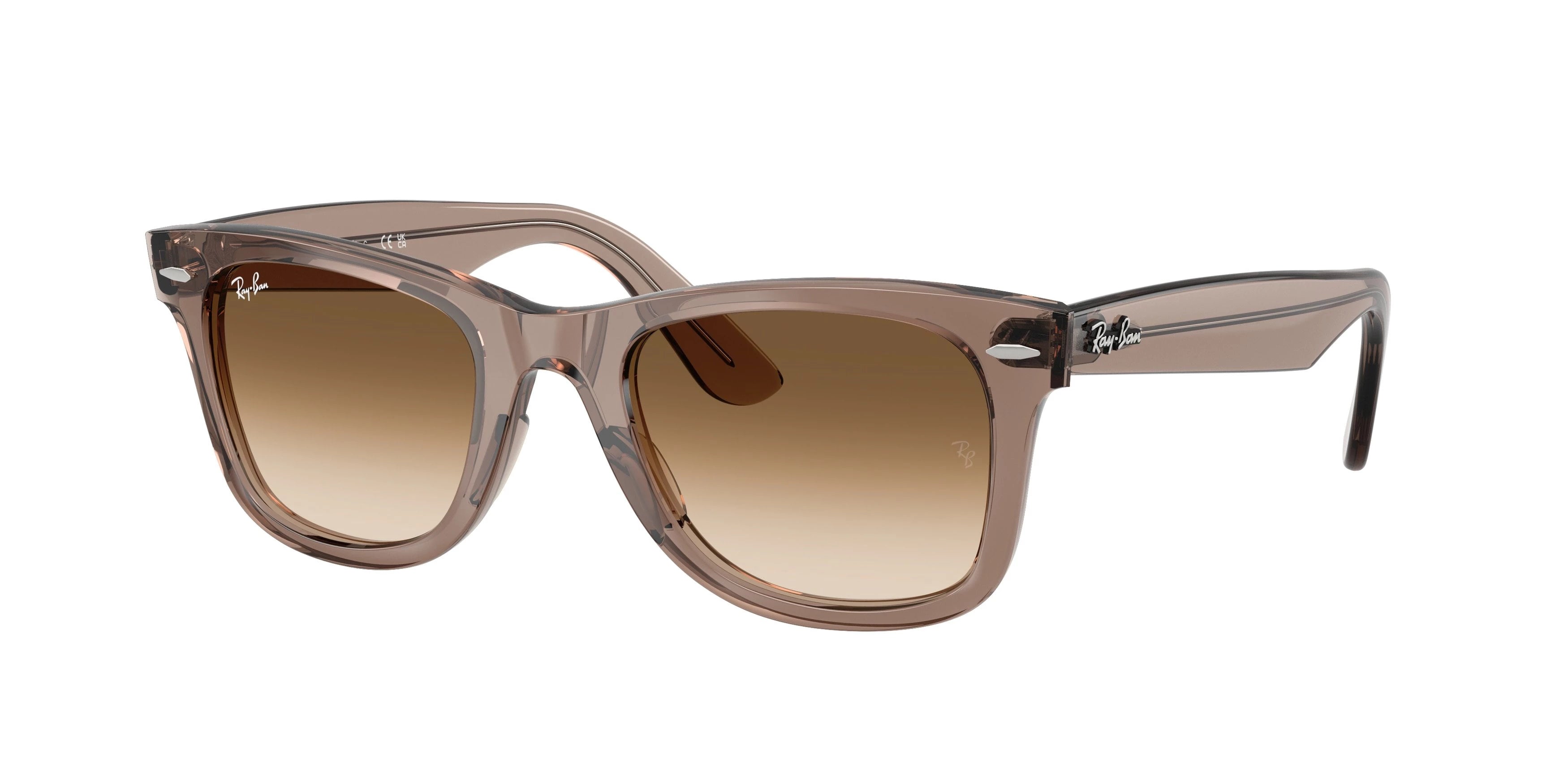 RB4330 Wayfarer sunglasses by Ray-Ban, featuring a translucent brown square frame with clear gradient brown lenses and the Ray-Ban logo on the upper corners of both lenses and temples, displayed against a white background.