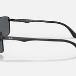 Ray-Ban 3498 sporty sunglasses in black with dark lenses, displayed in a side view against a plain light gray background.