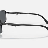 Black Ray-Ban 3498 sunglasses with dark lenses are shown from the side on a white background. The Ray-Ban logo appears on the temple and lens, emphasizing their sporty style and sleek brushed aluminum temples.