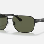 Rectangular black Ray-Ban 3530 sunglasses with green lenses and Ray-Ban branding on the lens and arm, featuring double bridge frames—ideal for street style—shown on a plain white background.