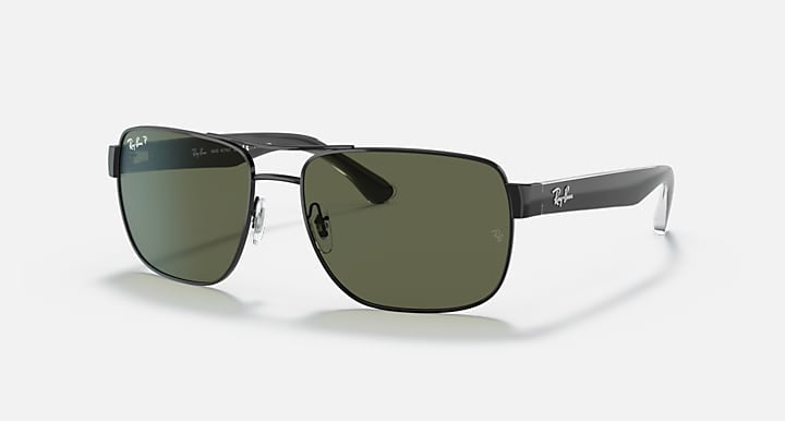 Ray-Ban 3530 rectangular sunglasses with black double bridge frames and dark green lenses feature the Ray-Ban logo on the lens and arms—a must-have street style accessory shown on a white background.