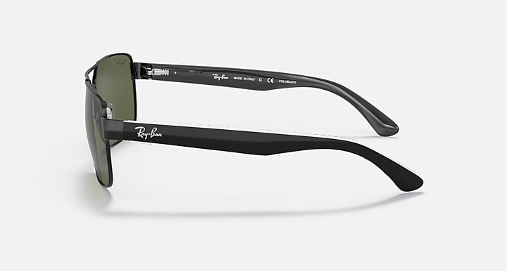 Side view of Ray-Ban 3530 sunglasses in black with dark lenses, showcasing the brand logo on the temples and inner arm—a classic street style eyewear pick.