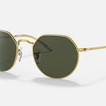Ray-Ban 3565 sunglasses with gold frames, green lenses, and slim metal arms, shown against a white background.