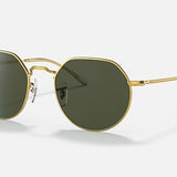 Ray-Ban 3565 sunglasses from the Jack series, featuring gold frames, green tinted geometric lenses, and thin metal arms, are showcased on a white background.