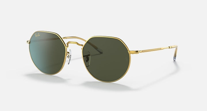 Gold-framed round Ray-Ban 3565 sunglasses with dark green lenses and thin metal arms, shown on a white background—these Ray-Bans add a timeless touch to any collection.