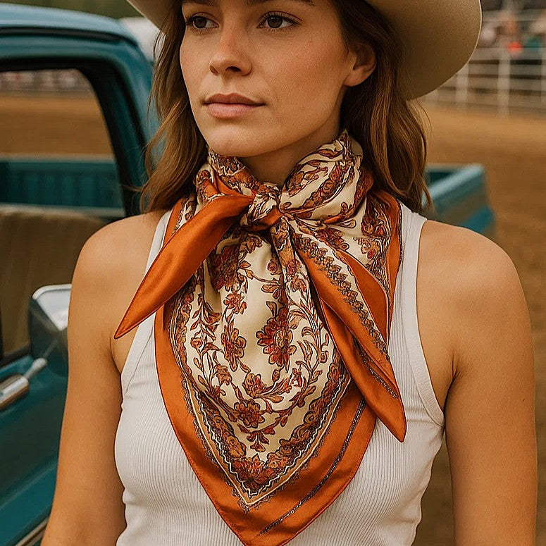 A woman in a tan hat and white tank top stands by a teal truck, wearing the Rodeo Drive Burnt Orange and Tan Wild Rag stylishly tied around her neck.