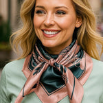 A woman smiles wearing a light green top and the Baby Pink Roses Wild Rag by Rodeo Drive, tied stylishly around her neck.