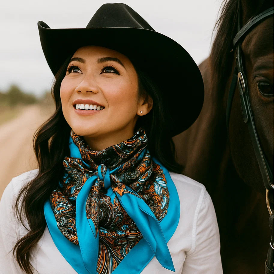 A woman in a cowboy hat and white shirt smiles next to a horse, wearing the Blue Floral Wild Rag by Rodeo Drive.