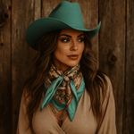 A woman in a teal cowboy hat and beige top stands before a wooden wall, her look complete with layered necklaces and the Emerald and Tan Floral Wild Rag by Rodeo Drive styled elegantly as a western scarf.