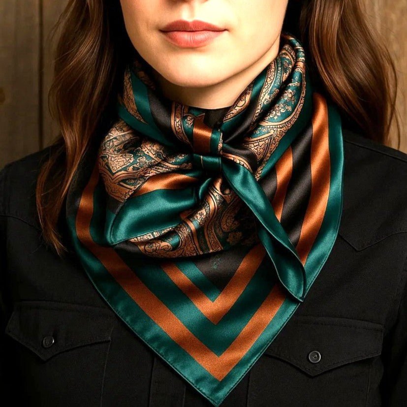 A woman wears the Emerald and Tan Paisley Wild Rag by Rodeo Drive—a chic western scarf with green, brown, and gold stripes—tied around her neck over a black shirt.