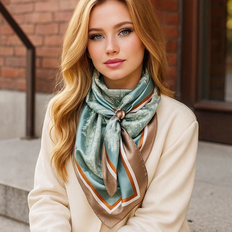 A woman with long blonde hair, wearing a cream coat and the Rodeo Drive Seafoam and Cream Paisley Wild Rag, sits on outdoor steps in front of a brick building.