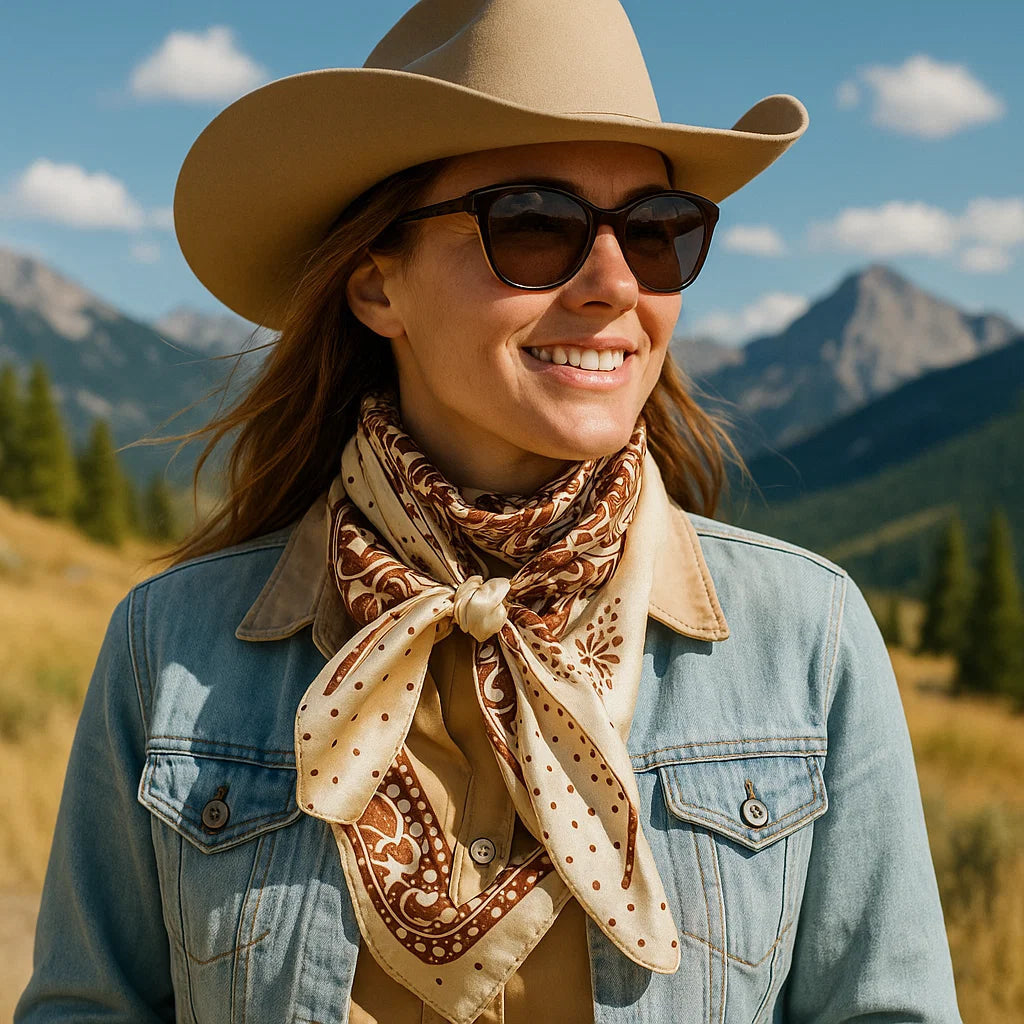 A smiling woman in sunglasses, a cowboy hat, denim jacket, and the Rodeo Drive Tan/Brown Polka Dot and Paisley Wild Rag stands outdoors with mountains and trees in the background on a sunny day.