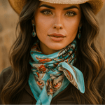 A woman with long wavy hair and a neutral expression wears a cowboy hat, turquoise earrings, and the Rodeo Drive Turquoise That's So 70's Paisley Wild Rag.