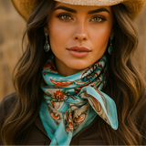 A woman with long brown hair and a neutral expression wears Rodeo Drive’s Turquoise That’s So 70’s Paisley Wild Rag and turquoise earrings with a tan cowboy hat, styled as a western accessory outdoors.