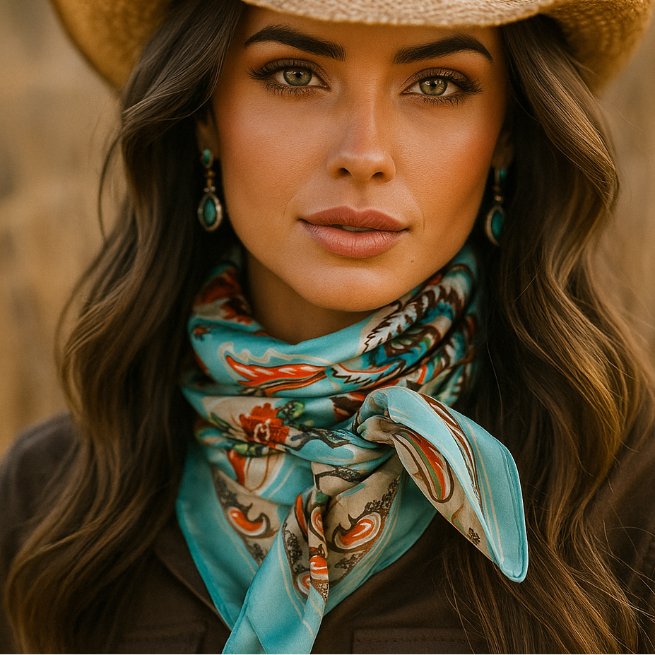 A woman with long brown hair and a neutral expression wears Rodeo Drive’s Turquoise That’s So 70’s Paisley Wild Rag and turquoise earrings with a tan cowboy hat, styled as a western accessory outdoors.