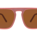 Front view of the “Threaten me with a Good Time” pink plastic sunglasses by Goodr, featuring brown rectangular lenses and a simple, modern frame design, displayed on a white background.