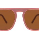 Front view of the “Threaten me with a Good Time” pink plastic sunglasses by Goodr, featuring brown rectangular lenses and a simple, modern frame design, displayed on a white background.