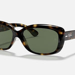 Ray-Ban 4101 rectangular tortoiseshell sunglasses with green lenses displayed on a white background, ideal for women.