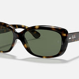 Ray-Ban 4101 tortoiseshell square-frame sunglasses with green lenses, featuring the Ray-Ban logo on lens and temple, displayed on a white background. Stylish women's accessory for any occasion.