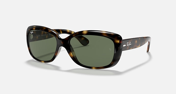 Ray-Ban 4101 tortoiseshell square-frame sunglasses with green lenses, featuring the Ray-Ban logo on lens and temple, displayed on a white background. Stylish women's accessory for any occasion.