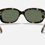 The Ray-Ban 4101 sunglasses feature a tortoiseshell frame with rectangular green lenses, shown front-facing with slightly bent arms against a plain background—ideal women’s eyewear for timeless style.
