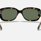 Ray-Ban 4101 women's tortoiseshell sunglasses with green lenses, shown from the back with gently curved temples.