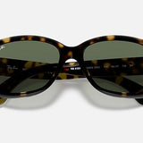 Ray-Ban 4101 women's sunglasses in tortoiseshell with green polarized lenses, shown against a plain white background.