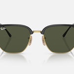 Ray-Ban 4416 Clubmaster sunglasses in black and gold with green Chromance lenses, displayed front view against a white background—ideal for those who appreciate minimalist eyewear.