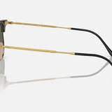 Side view of Ray-Ban 4416 sunglasses featuring gold metal frames, black temple tips, and green rectangular Chromance lenses on a white background—ideal for fans of minimalist eyewear.